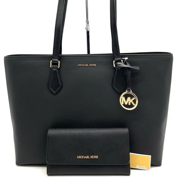 Michael Kors Bag Large Sheila Mf Tote Bag & Large Trifold Wallet Black/Gold - Picture 1 of 14